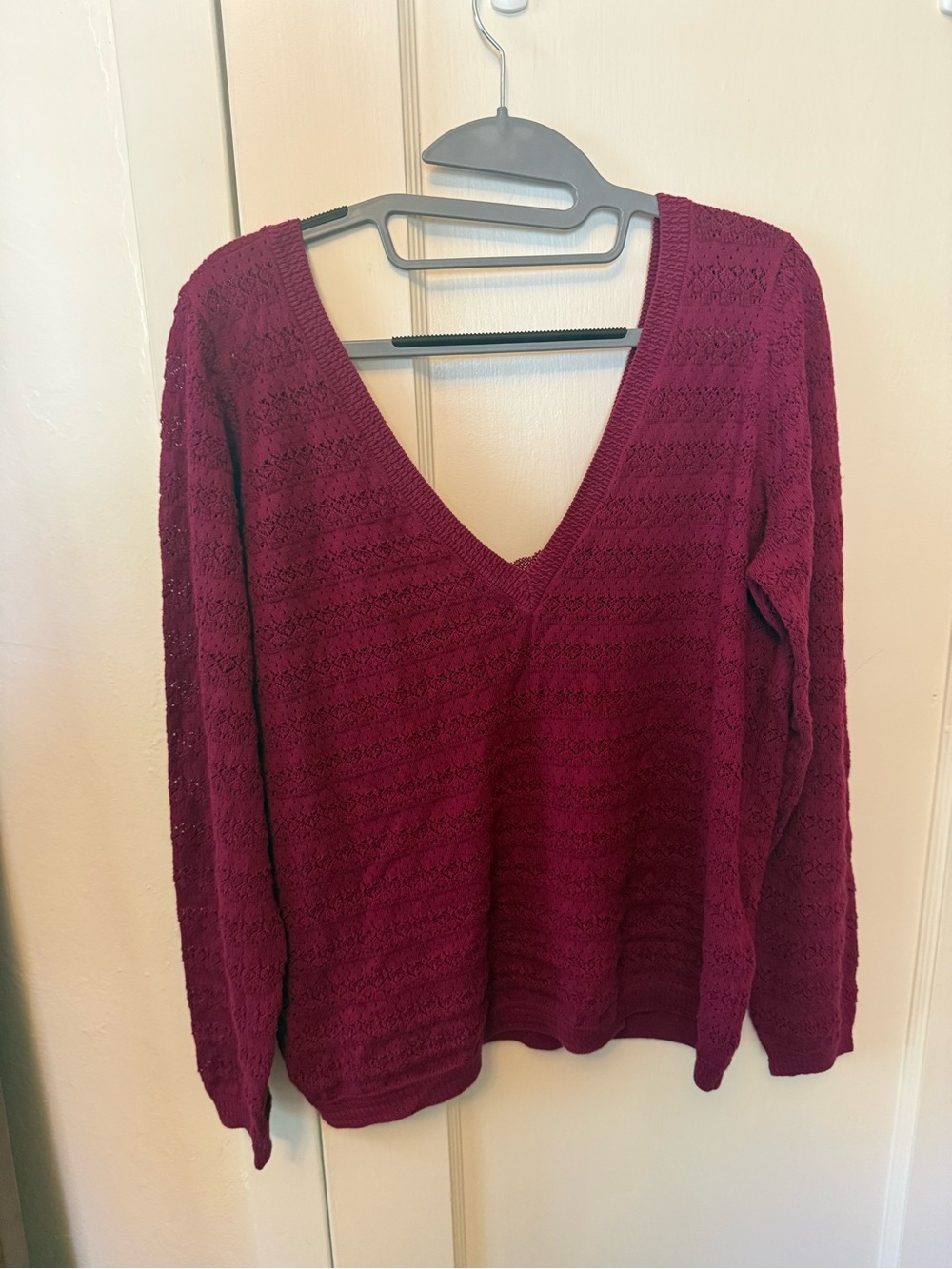 Sezane Deep Berry V-Neck Openwork Sweater